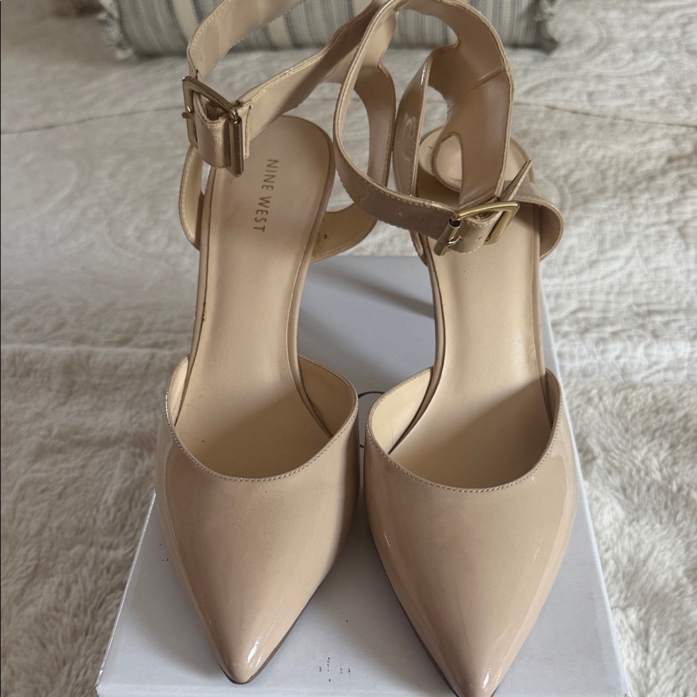 Nine West Nude Patent Pointed-Toe Ankle-Strap Heels